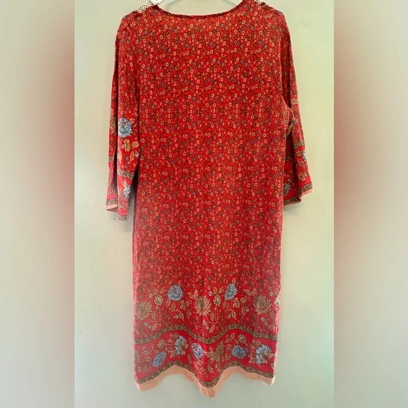 Vintage 70s Red Floral Midi Dress with Lace Trim S/M - Picture 4 of 5